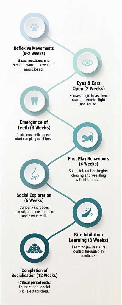 Puppy development milestones timeline from birth to twelve weeks showing behavioural and neurological stages