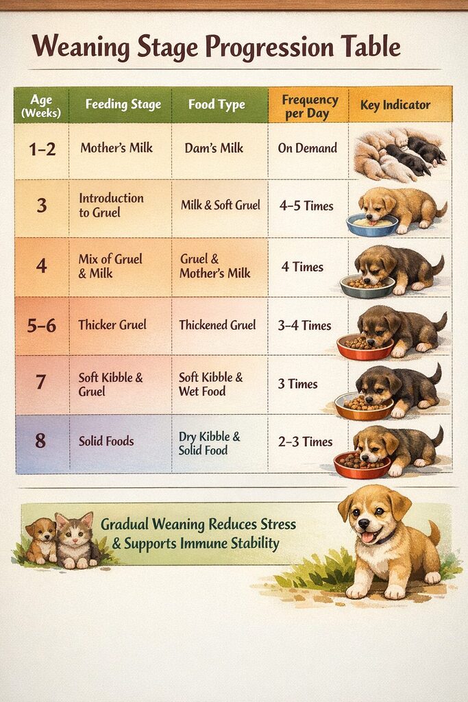 Puppy Growth Milestones. Puppy weaning schedule table showing developmental stages from week one to week eight with feeding frequency