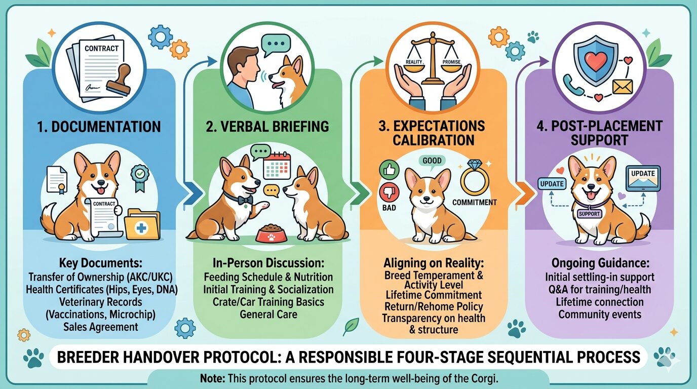 Breeder handover protocol flow diagram showing four stages from documentation to post-placement support