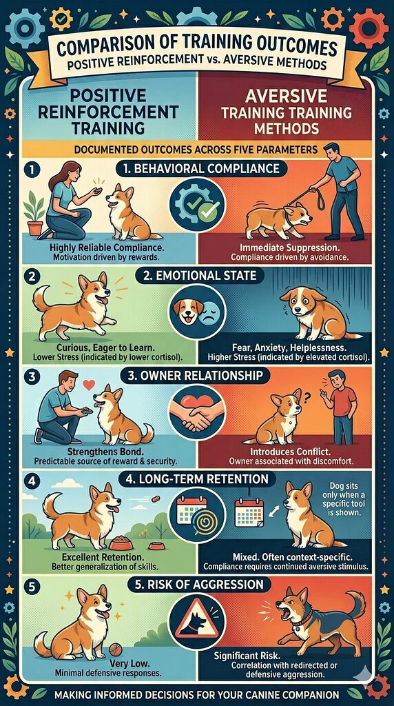 "Comparison table showing positive reinforcement versus aversive training outcomes across five behavioral measures