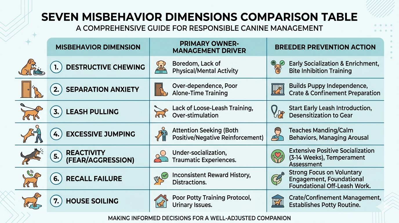 Comparison table of seven canine misbehavior dimensions and owner-management prevention strategies