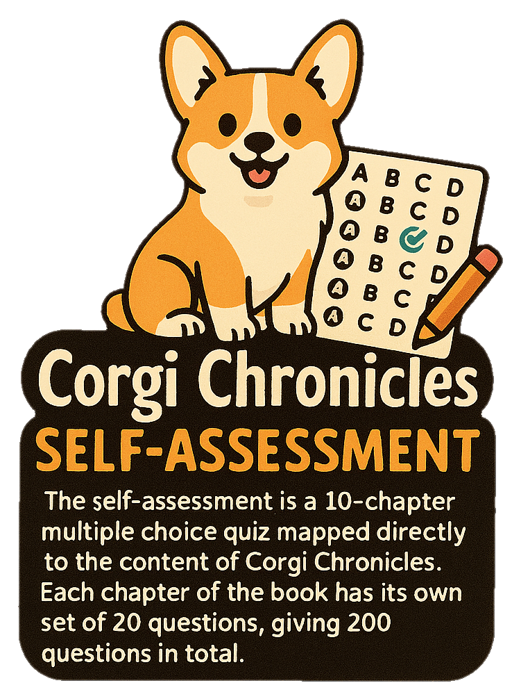The self-assessment is a 10-chapter multiple choice quiz mapped directly to the content of Corgi Chronicles