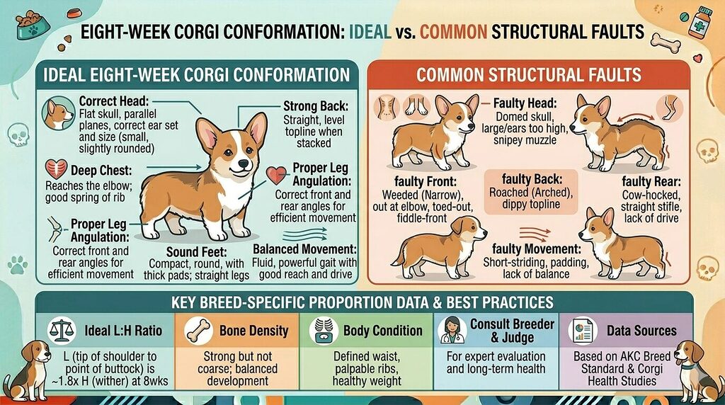 Eight-week Corgi puppy conformation assessment diagram showing ideal breed standard structure
