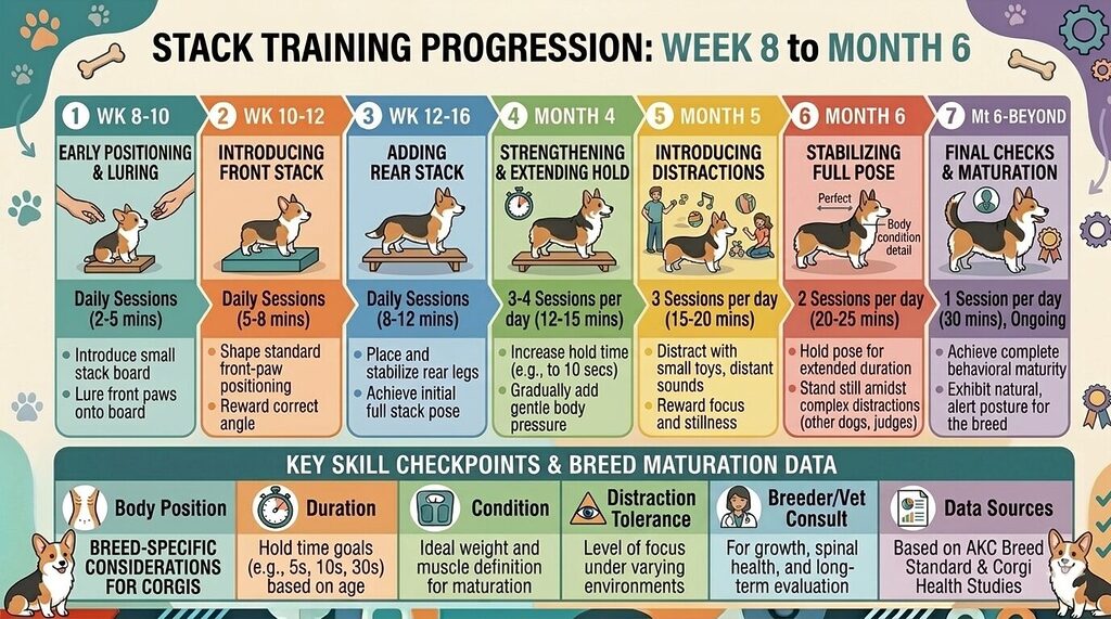 Corgi show stack training progression timeline from eight weeks to six months