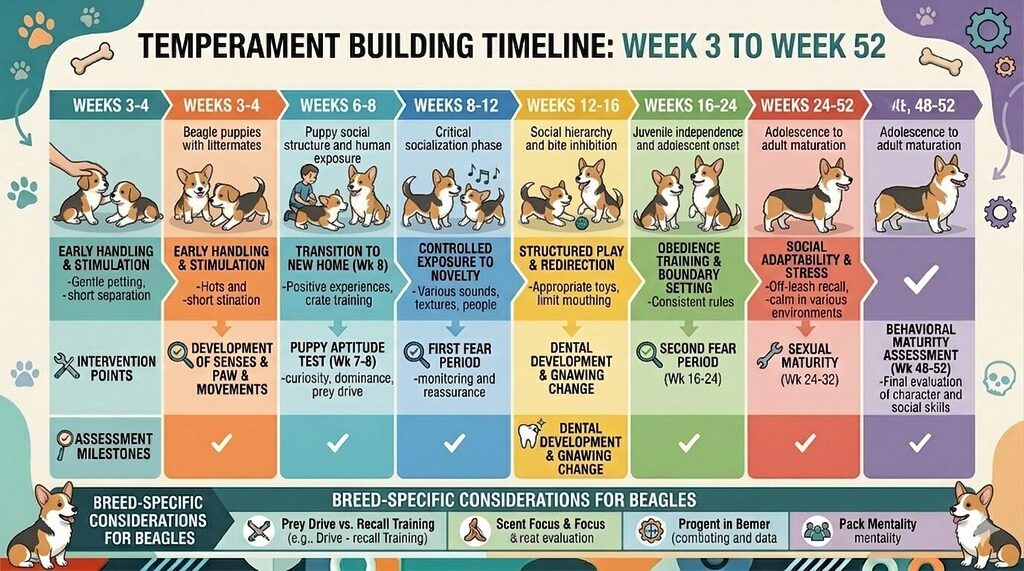 Show puppy temperament development timeline from three weeks to twelve months