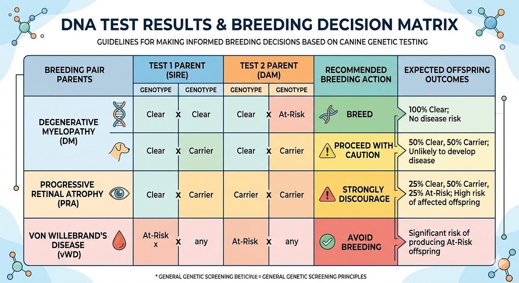 Health Testing & Certification. DNA test breeding decision matrix for Corgi hereditary conditions including DM, PRA, and vWD