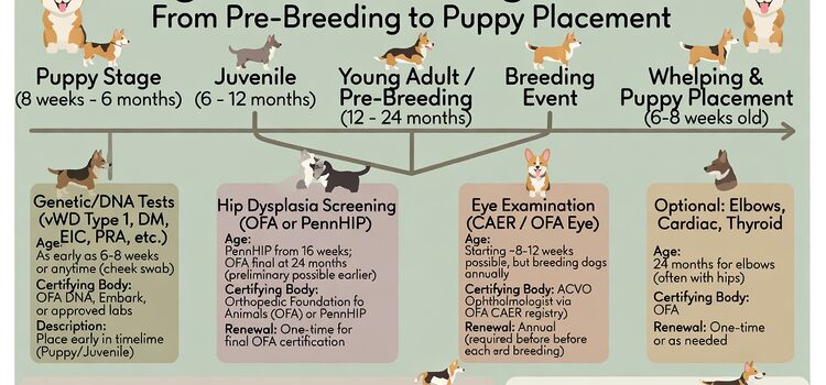 Corgi health certification timeline showing DNA tests, hip scoring, and eye exam schedules for breeders
