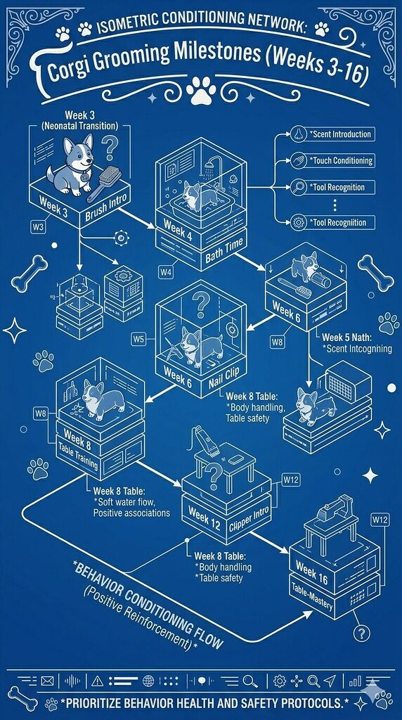 Corgi puppy being gently brushed on grooming table during early coat conditioning session