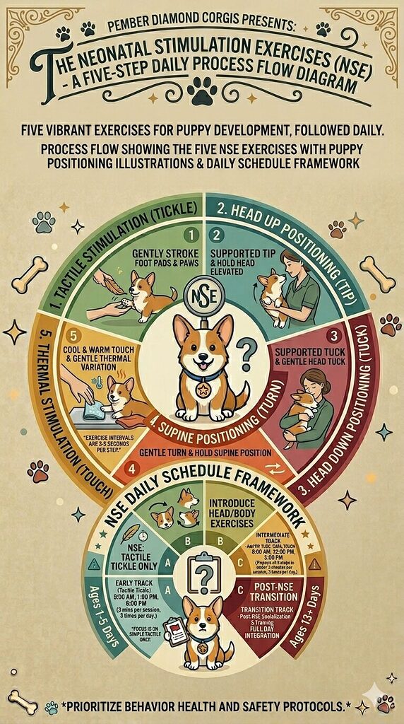 Breeder performing neonatal stimulation exercise on newborn Corgi puppy in supine position