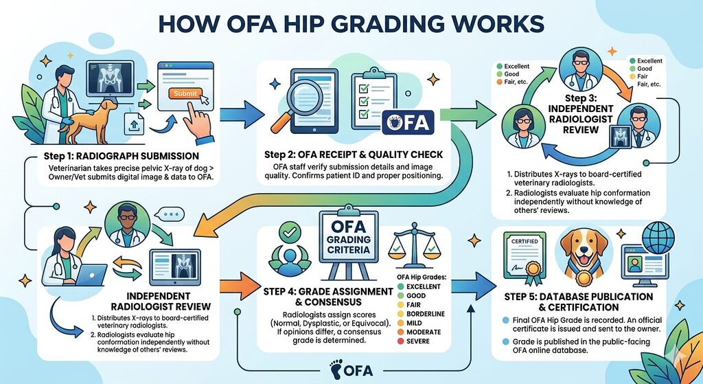 Health Testing & Certification. OFA hip grading process flowchart for Pembroke Welsh Corgi breeders showing submission and review steps