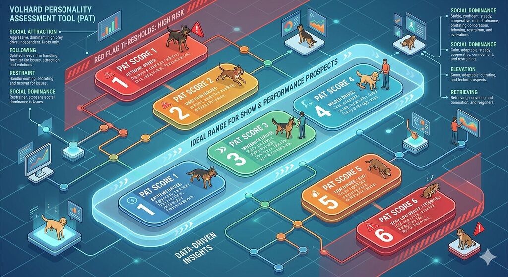 Volhard Puppy Aptitude Test scoring chart showing ideal show prospect temperament range for Corgi puppies