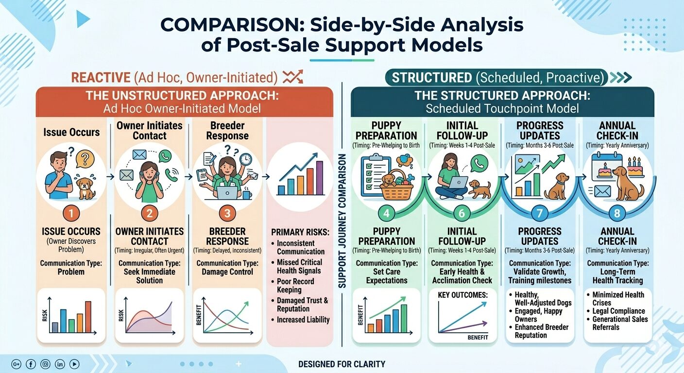Comparison graphic showing reactive versus structured post-sale breeder support models and outcomes