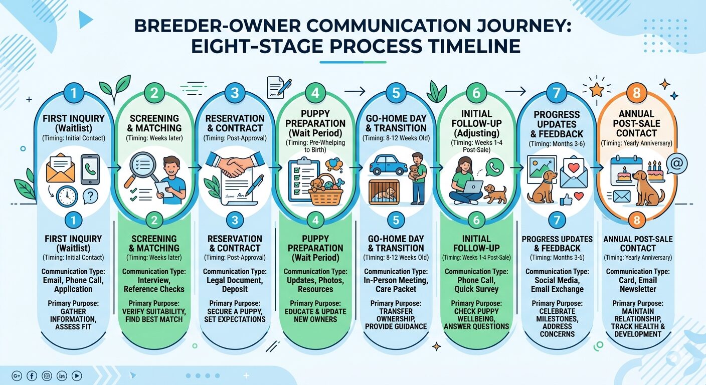 Corgi breeder communication timeline showing eight stages from inquiry to annual follow-up