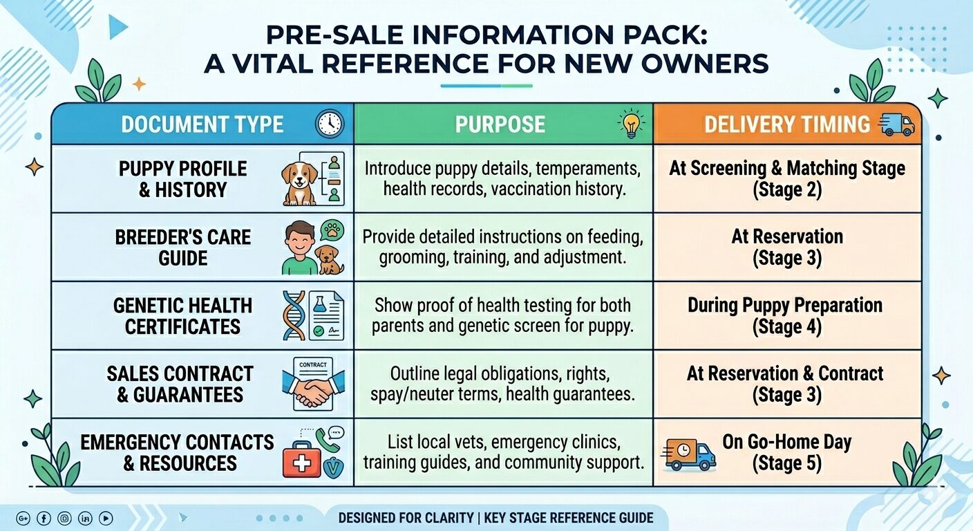 Pre-sale information pack table listing five documents with purpose and delivery timing for Corgi breeders