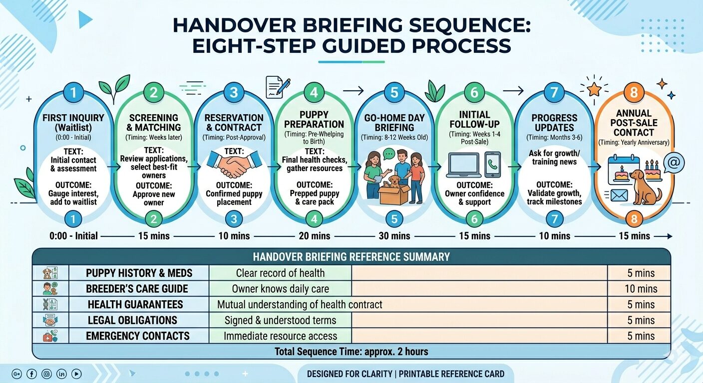 Eight-step handover briefing sequence for Corgi puppy placement with time allocations per stage