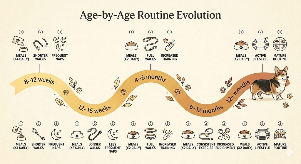 A horizontal timeline ribbon on a warm off-white background showing how a puppy's daily routine changes from eight weeks to twelve months of age. Five labelled stages are marked along the ribbon: 8 to 12 weeks, 12 to 16 weeks, 4 to 6 months, 6 to 12 months, and 12 months and over. Above each stage, three small icons summarise the key routine elements at that phase, including number of meals, nap frequency, and walk length. The ribbon transitions in colour from soft warm yellow at the earliest stage to a deeper, richer tone at twelve months, reflecting growing maturity