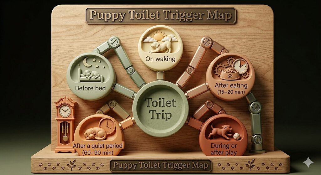 A spoke diagram on a warm off-white background with a central circular badge labelled Toilet Trip. Five lines radiate outward to five surrounding nodes, each identifying a key trigger moment: On waking, After eating — 15 to 20 minutes, During or after play, After a quiet period — 60 to 90 minutes, and Before bed. Each node is a soft circular badge with a small icon. The colour palette uses sage green, cream, and terracotta throughout.