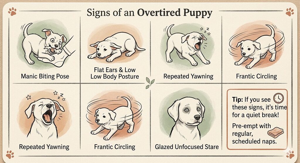 A reference card on a warm off-white background arranged as a grid of five illustrated vignettes. Each vignette shows a puppy in a posture or expression associated with overtiredness, drawn in an expressive line-art style with charcoal lines and terracotta and sage accents. The five scenes depict: manic biting behaviour, flattened ears with a low body posture, repeated yawning, frantic circling, and a glazed unfocused stare. A short label sits beneath each illustration. A sixth panel contains a brief reminder tip in place of a sixth illustration.