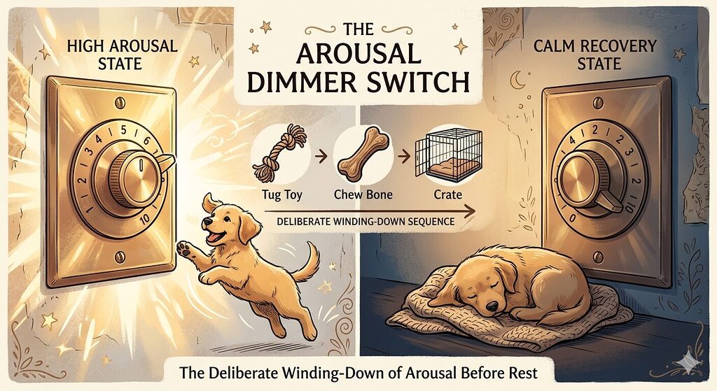 A two-panel illustration on a warm off-white background using the visual metaphor of a rotary dimmer switch. The left panel shows the dial turned to its highest setting with warm bright light radiating outward and a small energetic puppy mid-leap nearby. The right panel shows the dial turned low with soft dim light and a curled-up sleeping puppy. Between the two panels, a horizontal sequence of three icons illustrates the transition from high to low arousal: a tug toy, followed by a chew bone, followed by a crate. The illustration style is warm and slightly whimsical with clean editorial line work.