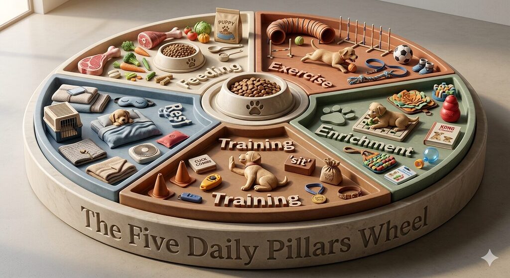A circular wheel divided into five equal segments on a warm off-white background. Each segment represents one of the five essential daily needs of a puppy. Clockwise from the top: Feeding in cream, Exercise in terracotta, Enrichment in sage green, Training in warm brown, and Rest in dusty blue. Each segment contains a simple line-art icon — a steaming bowl, a running figure, a snout with scent lines, a reward star, and a crescent moon. A paw print sits at the centre of the wheel. The title reads: The Five Daily Pillars — A Balanced Day For Your Puppy.