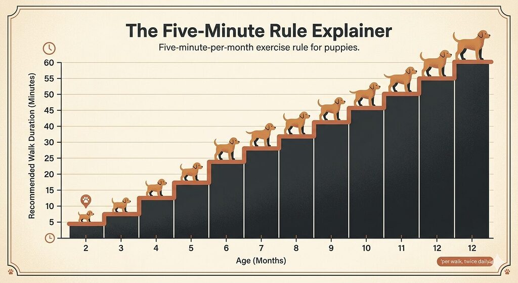 A stepped bar chart on a cream background illustrating the five-minute-per-month-of-age exercise guideline for puppies. The horizontal axis shows age in months from two through twelve. The vertical axis shows recommended walk duration in minutes, rising in five-minute increments from ten minutes at two months to sixty minutes at twelve months. A small puppy silhouette appears at the base of each bar, growing slightly larger with each age stage. A footnote reads: per walk, twice daily. The bars are charcoal with a terracotta accent line connecting their tops.