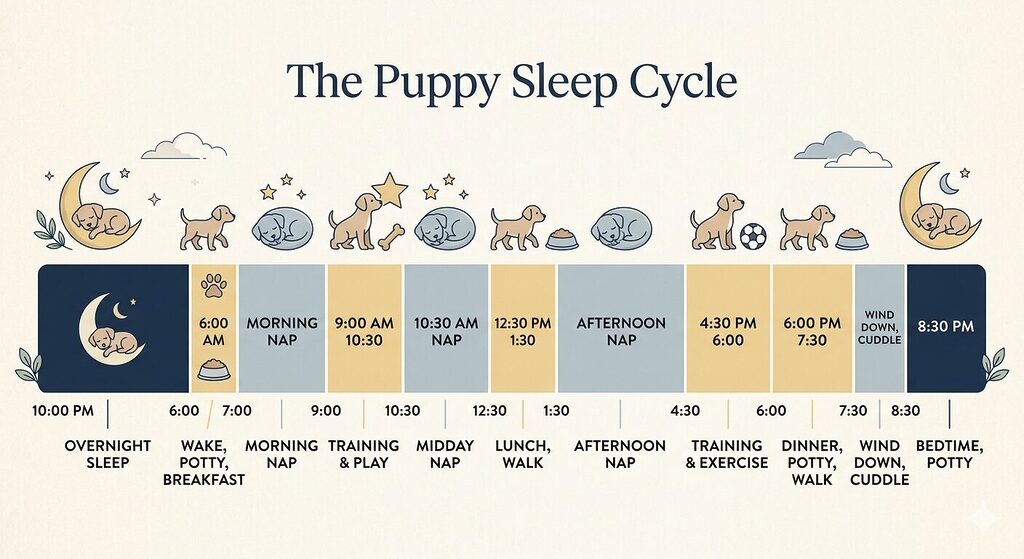 A horizontal 24-hour timeline bar on a warm off-white background showing the rhythm of a young puppy's day. The bar is divided into colour-coded blocks: pale gold for active periods and soft blue-grey for nap and overnight sleep. Small icons above each block indicate the type of activity — a paw print for walks, a bowl for meals, a star for training sessions, and a moon for sleep. The overnight sleep block spans the longest unbroken stretch. A legend beneath the bar identifies the two colour codes: active time and rest time.