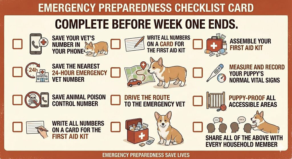 An illustrated checklist card on a warm cream background with a subtle terracotta border. A header reads "Complete before week one ends." Nine checklist items are arranged vertically, each with an unchecked square checkbox on the left, a small line-art icon, and a brief action statement in serif type. The nine items are: save your vet's number in your phone; save the nearest 24-hour emergency vet number; save animal poison control; write all numbers on a card for the first aid kit; drive the route to the emergency vet; assemble your first aid kit; measure and record your puppy's normal vital signs; puppy-proof all accessible areas; and share all of the above with every household member. The card style is practical and editorial, formatted as a physical to-do list awaiting completion.