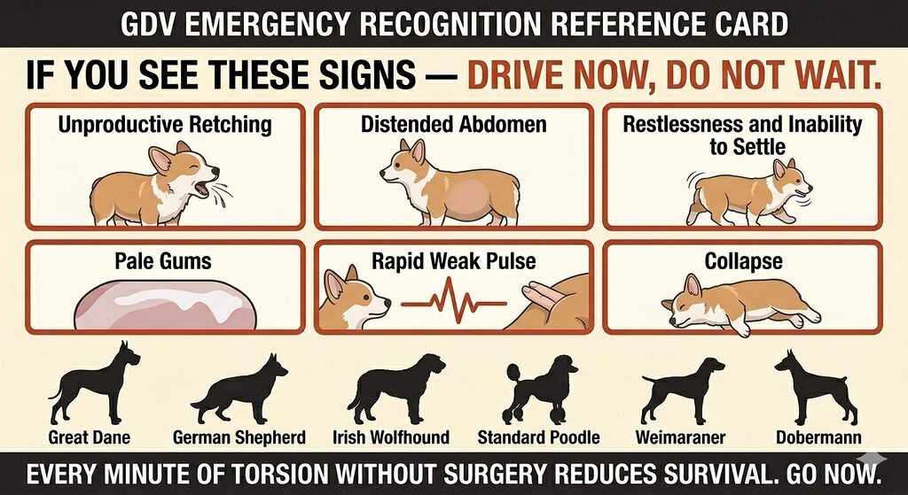 An emergency reference card for gastric dilatation-volvulus recognition. A large header reads "If you see these signs — drive now, do not wait." Below, six signs of GDV are displayed in a 3 by 2 grid of icon-and-label panels with terracotta emergency borders: a dog gagging without producing anything labelled unproductive retching; a swollen rounded abdomen profile labelled distended abdomen; a restless circling dog labelled restlessness and inability to settle; a pale gum colour swatch labelled pale gums; a rapid weak pulse indicator; and a collapsed dog labelled collapse. Below the grid, six breed silhouettes represent the highest-risk breeds: Great Dane, German Shepherd, Irish Wolfhound, Standard Poodle, Weimaraner, and Dobermann. A footer reads: "Every minute of torsion without surgery reduces survival. Go now."