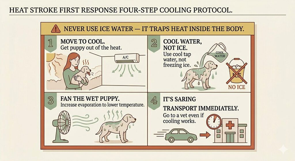 A four-panel illustrated guide on a warm off-white background showing the heat stroke first response protocol. Each panel is a horizontal band with a numbered badge, an action heading, and a line-art illustration. Panel one shows a puppy being carried into an air-conditioned room labelled "move to cool." Panel two shows cool water being applied to a wet puppy's coat with a crossed-out ice cube, labelled "cool water, not ice." Panel three shows a fan directing air across a wet puppy with evaporation lines rising from the coat, labelled "fan the wet puppy." Panel four shows a car moving toward a building with a veterinary cross symbol and a clock indicating urgency, labelled "transport immediately." A warning panel at the top reads: "Never use ice water — it traps heat inside the body." Amber tones indicate warnings, sage green marks correct actions, and terracotta highlights heat hazard elements.