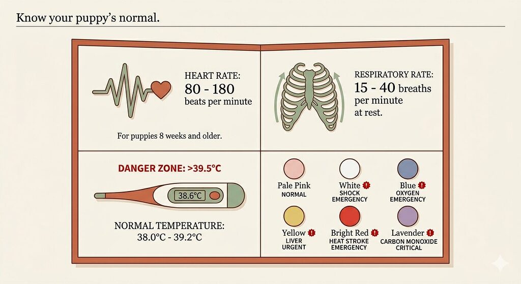 A clean reference card divided into four panels in a 2 by 2 grid on a warm off-white background. The top-left panel shows heart rate with a stylised heartbeat wave and the normal range of 80 to 180 beats per minute for puppies eight weeks and older. The top-right panel shows respiratory rate with a chest-rise illustration and the normal range of 15 to 40 breaths per minute at rest. The bottom-left panel shows a thermometer with the normal temperature range of 38.0 to 39.2 degrees Celsius and a danger zone marker above 39.5 degrees. The bottom-right panel shows six gum colour swatches labelled pale pink as normal, white as shock emergency, blue as oxygen emergency, yellow as liver urgent, bright red as heat stroke emergency, and lavender as carbon monoxide critical. Each danger colour has a small red warning indicator. The card header reads "Know your puppy's normal."
