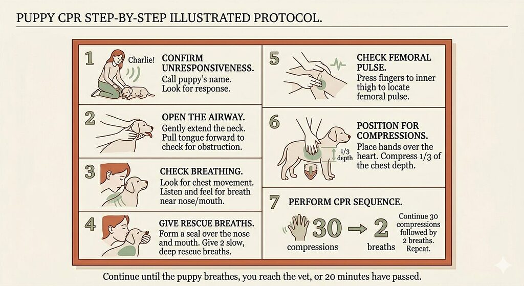 A vertical illustrated protocol card showing seven steps of puppy CPR. Each step is a horizontal panel with a small charcoal line-art illustration on the left and a step number with description on the right. Step one shows a puppy lying still as the owner calls the name to confirm unresponsiveness. Step two shows the neck extended and tongue pulled forward to open the airway. Step three shows an ear lowered near the puppy's nose while watching for chest movement. Step four shows a mouth covering the puppy's nose for a rescue breath with the chest gently visible. Step five shows fingers pressed to the inner thigh to check for a femoral pulse. Step six shows hands positioned on the widest point of the chest with compression depth arrows. Step seven shows a small sequence diagram of 30 compressions followed by 2 breaths. A footer reads: "Continue until the puppy breathes, you reach the vet, or 20 minutes have passed." Sage green accents highlight correct actions.