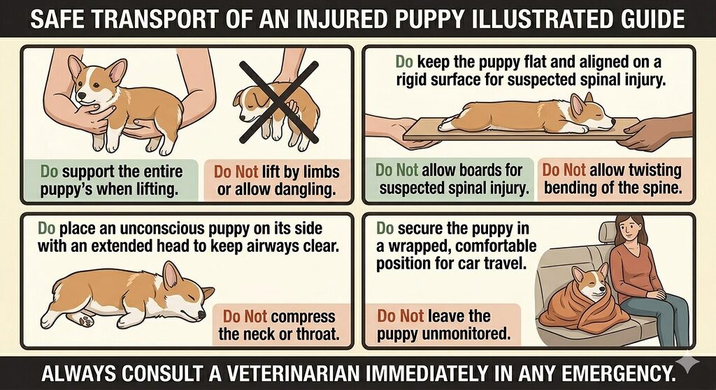 A four-panel illustrated guide on a warm off-white background showing correct transport methods for injured puppies in different scenarios. Panel one shows two arms supporting a puppy fully under the head, chest, and hindquarters, with a crossed image of lifting by the legs alone. Panel two shows a puppy laid flat and in alignment on a rigid board, representing the correct method for suspected spinal injury. Panel three shows an unconscious puppy positioned on its right side with the head slightly extended. Panel four shows a wrapped puppy resting on a flat car seat beside a seated person. Each panel includes a brief do statement in sage green and a do not statement in muted terracotta. The style is warm, clear editorial line-art throughout.