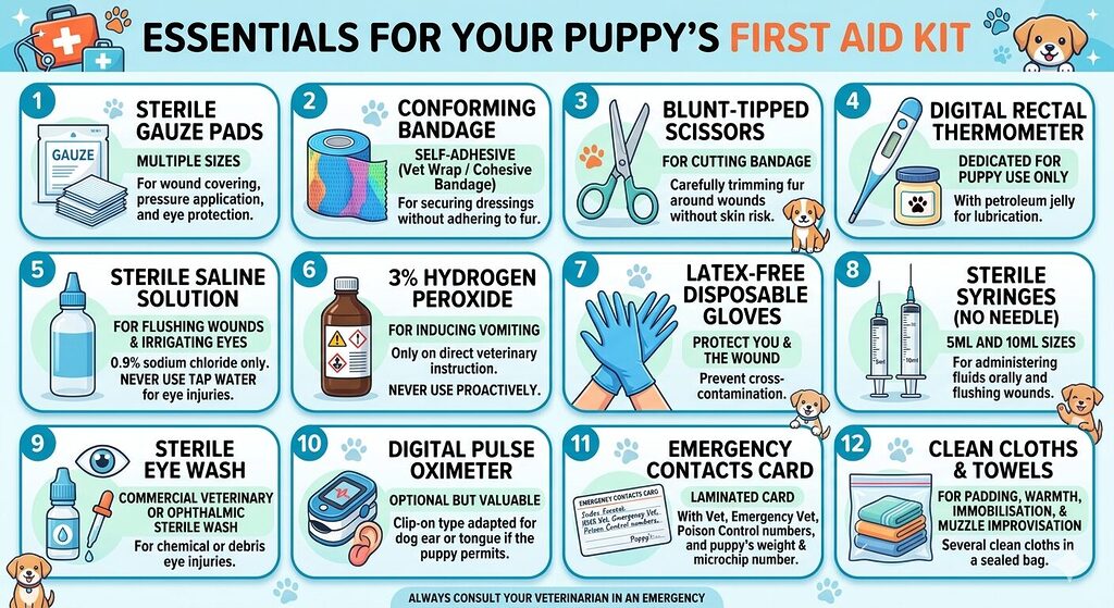 Items include sterile gauze pads, conforming bandage, blunt-tipped scissors, digital rectal thermometer, sterile saline solution, a bottle of 3% hydrogen peroxide, latex-free gloves, sterile syringes, sterile eye wash, an emergency contacts card with visible phone number lines, clean folded cloths, and a digital pulse oximeter