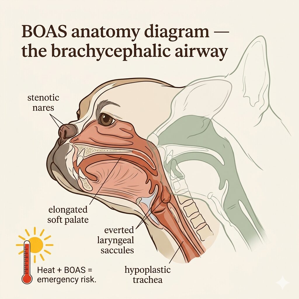 An anatomical cross-section illustration of a brachycephalic dog's head and airway shown in profile. Four abnormalities are labelled with thin leader lines in serif type: stenotic nares at the nostril, elongated soft palate shown overlapping the epiglottis, everted laryngeal saccules at the laryngeal opening, and hypoplastic trachea shown as a narrowed tube below the larynx. A faint ghost outline of normal airway anatomy is shown alongside the brachycephalic version for comparison. Abnormal structures are coloured in terracotta and the normal comparator in sage green. A thermometer icon in the corner notes the increased emergency risk from South African summer heat. Background is warm off-white. 
