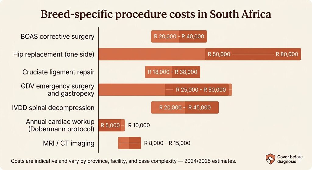 A horizontal bar chart on a warm off-white background showing estimated cost ranges in South African Rand for seven breed-specific veterinary procedures. The procedures listed on the vertical axis are BOAS corrective surgery, hip replacement on one side, cruciate ligament repair, GDV emergency surgery and gastropexy, IVDD spinal decompression, annual cardiac workup following the Dobermann protocol, and MRI or CT imaging. Each bar extends from the low to the high estimated cost and is coloured in warm terracotta. A footnote below the chart notes that costs are indicative and vary by province and facility. A pet insurance shield icon with the text "Cover before diagnosis" appears in the bottom right corner.