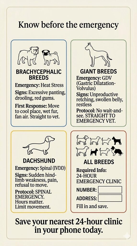 An illustrated emergency reference card headed "Know before the emergency" in serif type. Four panels are arranged in a two by two grid, each with a breed silhouette and a short emergency protocol summary. The first panel shows brachycephalic breed silhouettes and summarises heat stress signs and first response steps. The second panel shows a Great Dane silhouette and describes GDV signs with a note that immediate emergency transport is required. The third panel shows a Dachshund silhouette and notes that sudden hind-limb weakness is a spinal emergency in which hours matter. The fourth panel shows all-breed silhouettes with a blank address and phone number box to be filled in with the nearest 24-hour clinic details. A bold footer reads: "Save your nearest 24-hour clinic in your phone today." Each panel has a warm colour-coded border.