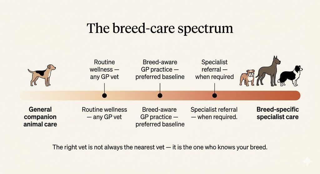 A horizontal spectrum infographic on a warm off-white background. The left end is labelled "General companion animal care" with a mixed-breed dog silhouette. The right end is labelled "Breed-specific specialist care" with silhouettes of a Bulldog, Great Dane, and Border Collie. Three marker points along the spectrum bar are labelled: "Routine wellness — any GP vet," "Breed-aware GP practice — preferred baseline," and "Specialist referral — when required." The spectrum bar fades from pale cream on the left to terracotta on the right. A text line below the bar reads: "The right vet is not always the nearest vet — it is the one who knows your breed." 