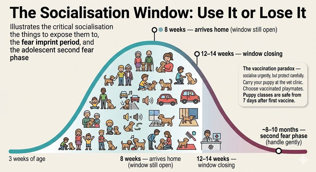 An infographic showing the puppy socialisation window as a wide arc from three to twelve weeks of age, narrowing steeply after fourteen weeks. Inside the open window, small icons represent positive exposures including people of different ages, children, other dogs, traffic sounds, car rides, different floor surfaces, and grooming tools. Three annotations mark key stages: eight weeks when the puppy arrives home with the window still open, twelve to fourteen weeks when the window is closing, and approximately eight to ten months for the second fear phase. An inset panel addresses the vaccination paradox, advising owners to carry puppies at the vet clinic and choose vaccinated playmates while still prioritising socialisation.