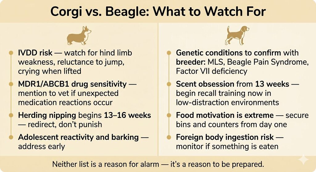 A split-panel infographic comparing breed-specific health and behaviour watch points for Corgi and Beagle puppies. The left panel, headed Corgi, lists four alerts with gold bullet markers: IVDD risk and signs of spinal pain, MDR1 drug sensitivity, herding nipping beginning at thirteen to sixteen weeks, and adolescent reactivity and barking. The right panel, headed Beagle, lists four alerts: genetic conditions to confirm with the breeder including MLS and Beagle Pain Syndrome, scent obsession and the importance of early recall training, extreme food motivation and the need to secure bins and counters, and foreign body ingestion risk. A shared footer reads: neither list is a reason for alarm — it is a reason to be prepared.