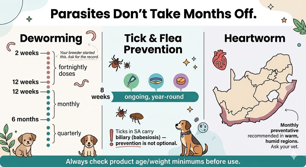 A three-column infographic covering parasite prevention for puppies in South Africa. The first column shows a deworming timeline with close-spaced dots for fortnightly treatment from two to twelve weeks, monthly dots to six months, and quarterly dots thereafter. The second column shows a continuous bar for year-round tick and flea prevention from eight weeks, with icons for spot-on, collar, and oral chewable formats, and a warning about biliary carried by South African ticks. The third column shows a map of South Africa with coastal regions highlighted for heartworm risk, recommending monthly preventatives in warm humid areas.