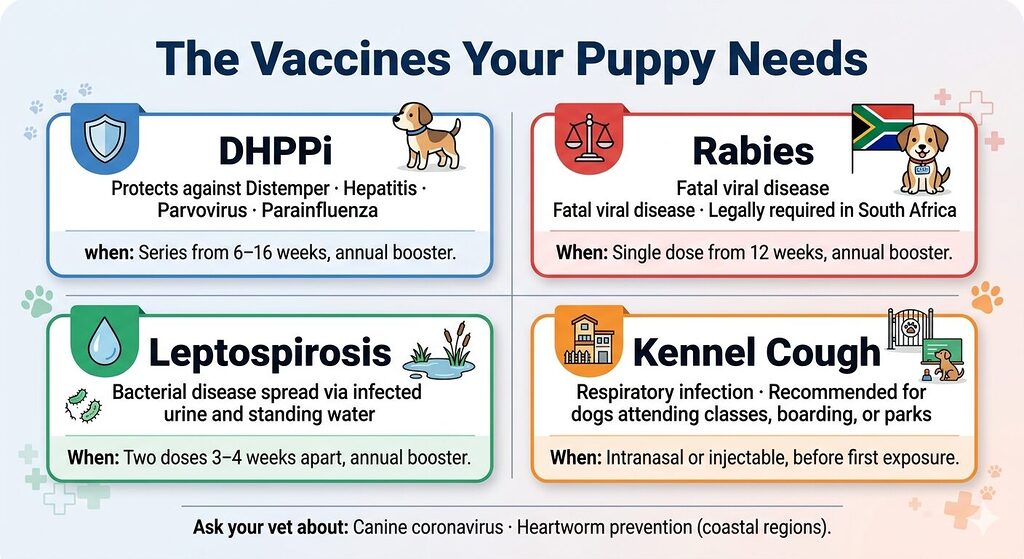 A four-card grid infographic showing the core vaccines required for puppies in South Africa. Card one covers DHPPi, protecting against Distemper, Hepatitis, Parvovirus, and Parainfluenza, given as a series from 6 to 16 weeks. Card two covers Rabies, legally required in South Africa, given from 12 weeks with annual boosters. Card three covers Leptospirosis, a bacterial disease spread through infected urine and standing water, given in two doses three to four weeks apart. Card four covers Kennel Cough, recommended before puppy classes, boarding, or dog parks. A footnote row mentions canine coronavirus and heartworm prevention for coastal regions.