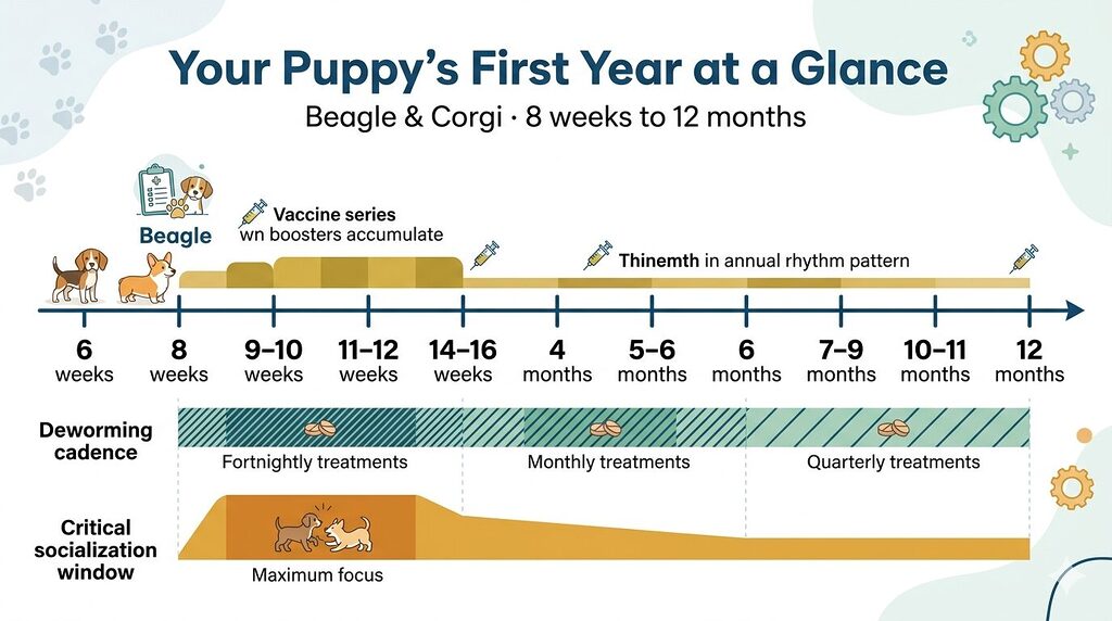 A horizontal timeline infographic showing a puppy's first year of health milestones from 6 weeks to 12 months, covering vaccine boosters, deworming frequency, and the socialisation window. Three colour-coded bands run beneath the timeline: gold for the vaccine series, hatched patterns showing deworming shifting from fortnightly to monthly to quarterly, and amber for the socialisation window narrowing after 12 weeks. Published by the Pember Diamonds Knowledge Network for Beagle and Corgi owners.