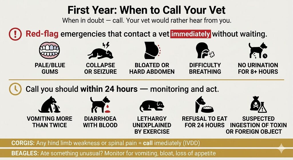An infographic listing emergency and urgent warning signs for puppy owners during the first year, divided into two tiers. The top tier, labelled call immediately, lists pale or blue gums, collapse or seizure, bloated or hard abdomen, difficulty breathing, and no urination for eight or more hours, each with a bold icon. The bottom tier, labelled call within 24 hours, lists vomiting more than twice, bloody diarrhoea, unexplained lethargy, refusal to eat for 24 hours, and suspected ingestion of a toxin or foreign object. Two breed-specific strips run across the bottom: a Corgi alert for any hind limb weakness or spinal pain as a sign of IVDD, and a Beagle alert for monitoring after eating something unusual. The heading reads: First Year — When to Call Your Vet.