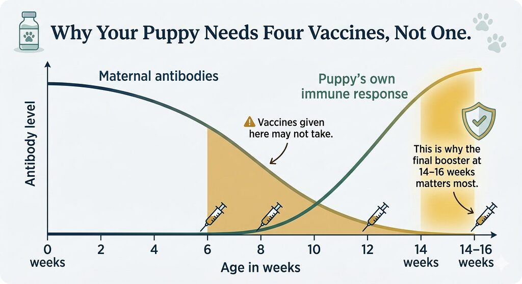 A line graph infographic showing two overlapping curves on a shared axis measuring weeks of age against antibody levels. The maternal antibody curve starts high at birth and declines to near zero by 14 to 16 weeks. The puppy's own immune response curve rises sharply only after maternal antibodies have cleared. A shaded amber zone marks where early vaccines may be neutralised by maternal antibodies. A gold zone marks the final booster window at 14 to 16 weeks where the puppy's immune system can mount a full response. Four syringe icons mark vaccine doses along the timeline.