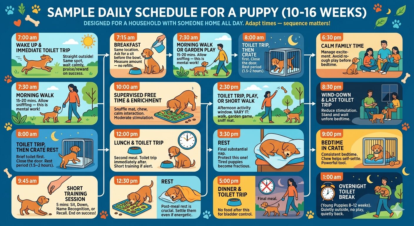 schedule is designed for a puppy aged roughly ten to sixteen weeks in a household where at least one person is home during the day