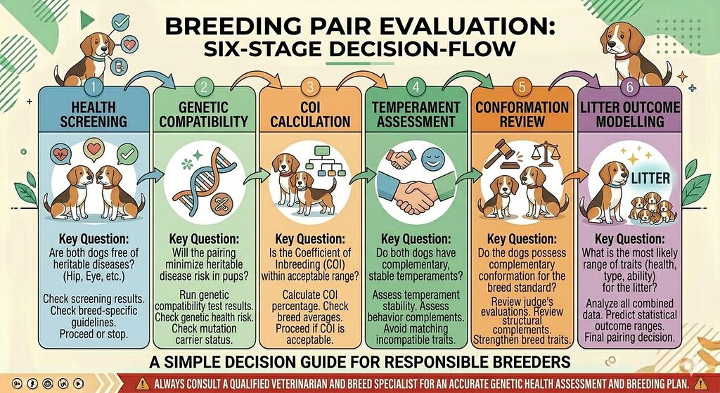 Selecting The Right Breeding Pair. Corgi breeding pairs evaluation process showing six stages from health screening to litter outcome modelling