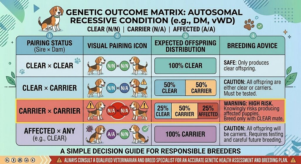 Selecting The Right Breeding Pair. Genetic compatibility matrix for corgi breeding pairs showing recessive condition offspring outcome percentages