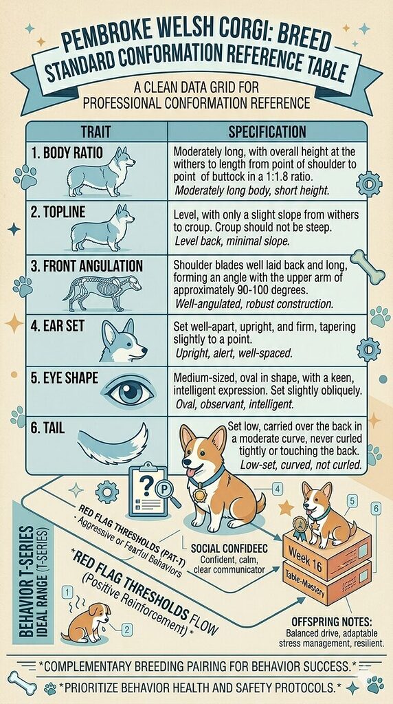 Pembroke Welsh Corgi breed standard conformation reference table for breeding pair assessment