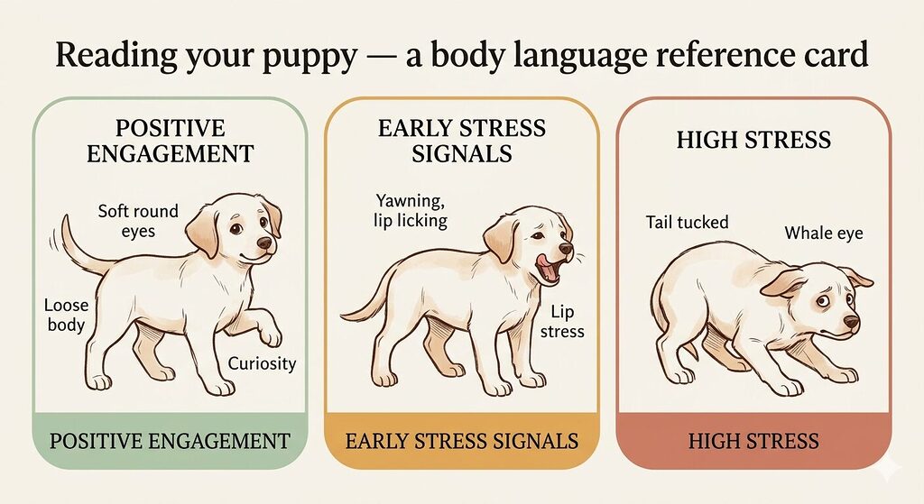 A reference card divided into three panels side by side, each framed in a soft rounded rectangle. The left panel, colour-coded green and labelled positive engagement, shows a puppy with a loose relaxed body, soft round eyes, tail in a natural position, and one paw slightly raised in curiosity. The centre panel, coded amber and labelled early stress signals, shows a puppy yawning, licking its lips, and turning its head slightly away with a mildly lowered posture. The right panel, coded muted terracotta and labelled high stress, shows a puppy with its tail tucked under, ears pinned flat, whites of the eyes visible, and body crouched close to the ground. The illustration style is warm hand-drawn line art with subtle colour washes on an off-white background.