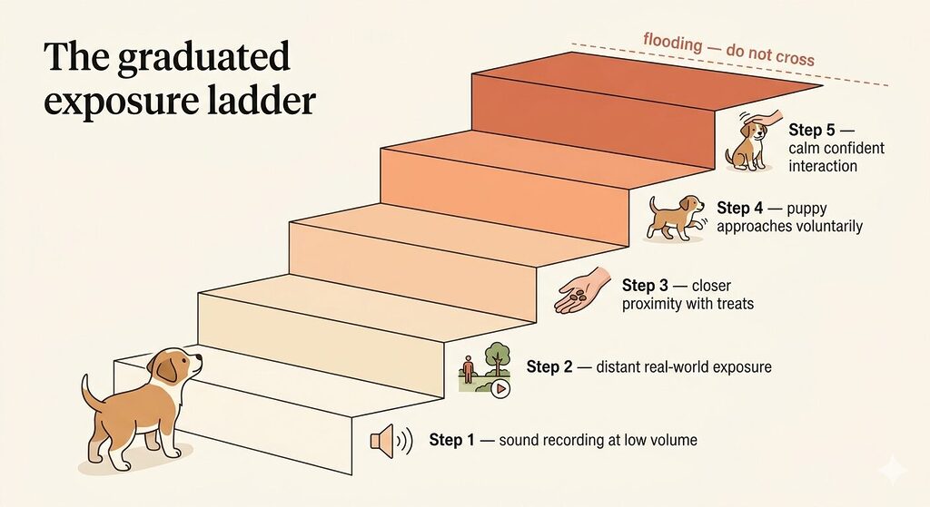 An illustration of a wide gently rising staircase seen in slight perspective, with a small curious puppy standing at the bottom step looking upward. Each step is progressively wider and more solidly coloured than the one below, rising from pale cream at the base to warm terracotta at the top. Five steps are labelled with stages of graduated exposure: step one shows a speaker icon for sound recordings at low volume; step two shows a distant silhouette for far exposure; step three shows a treat icon for closer proximity with food reward; step four shows a puppy approaching voluntarily; step five shows a calm confident interaction. A dashed line above the top step is labelled with a warning against flooding. The puppy at the bottom appears alert and curious. Background is warm off-white.